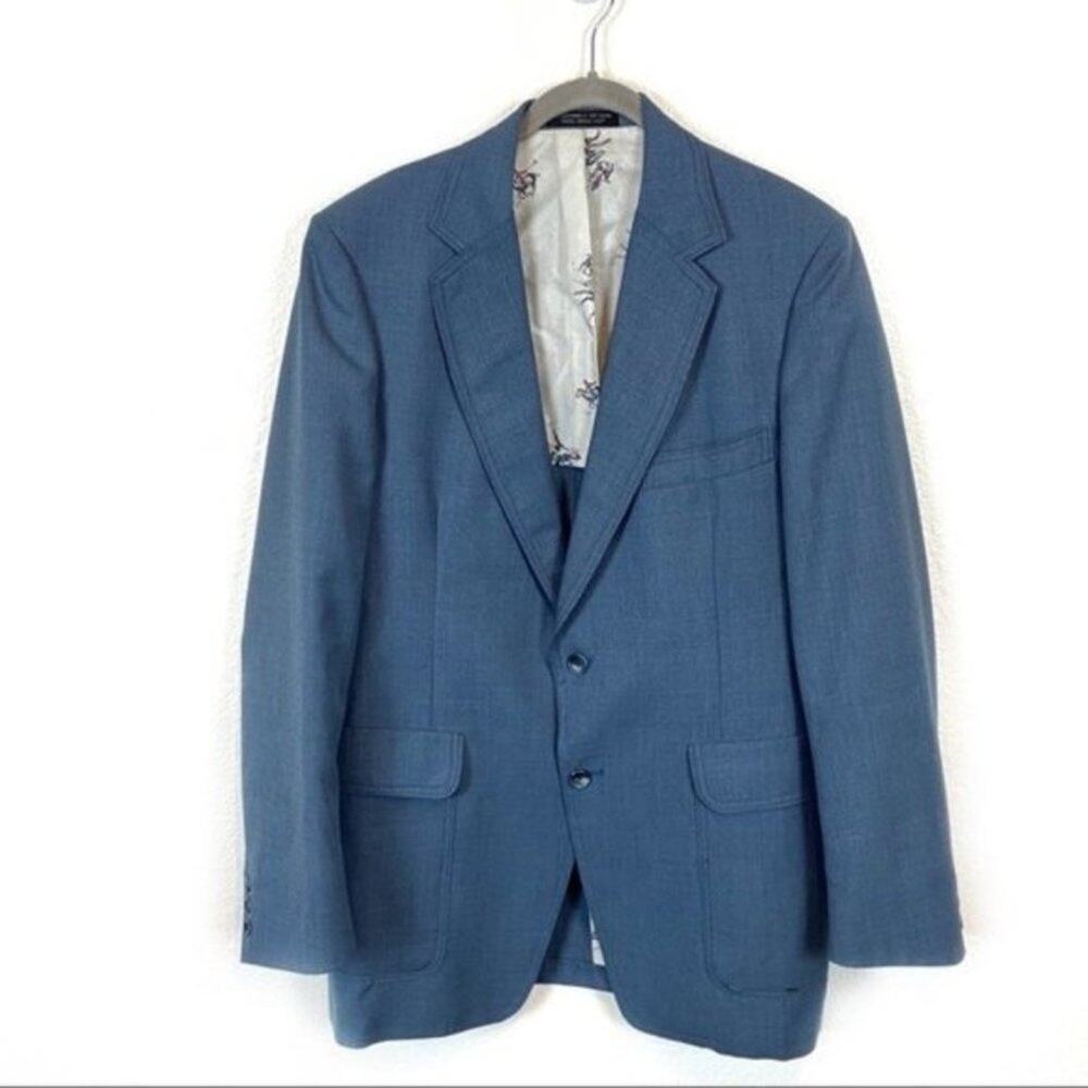Sport Coat Vintage 70s Sewell Poly Men's Blue Wool Blend Long Sleeve Size 42 L